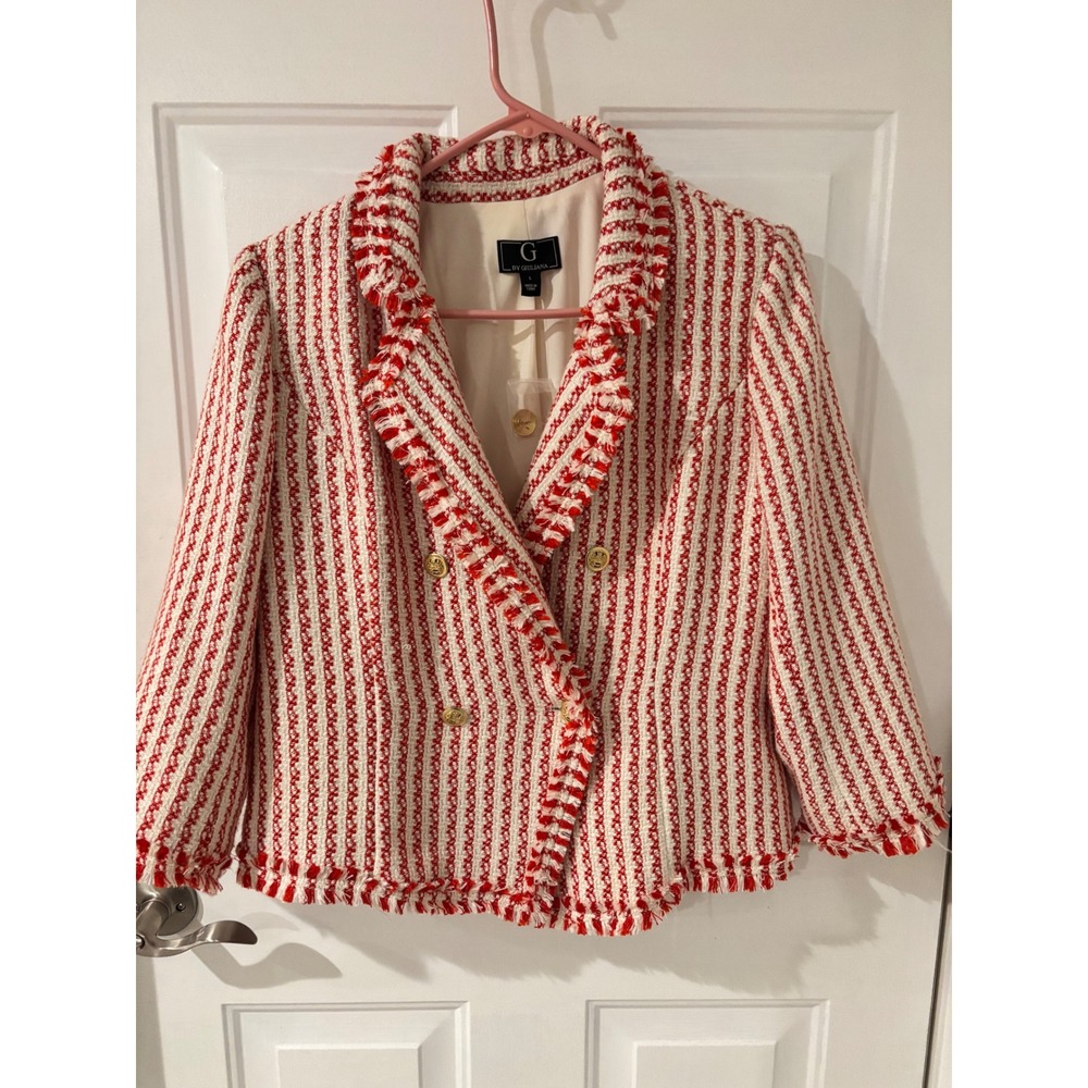 G by‎ Giuliana Red White Striped Tweed Fringe Double Breasted Blazer Large
